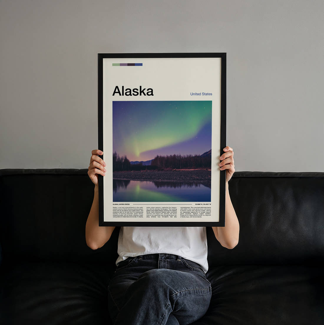 Alaska Northern Lights Travel Print held up by hand to show the size of the print