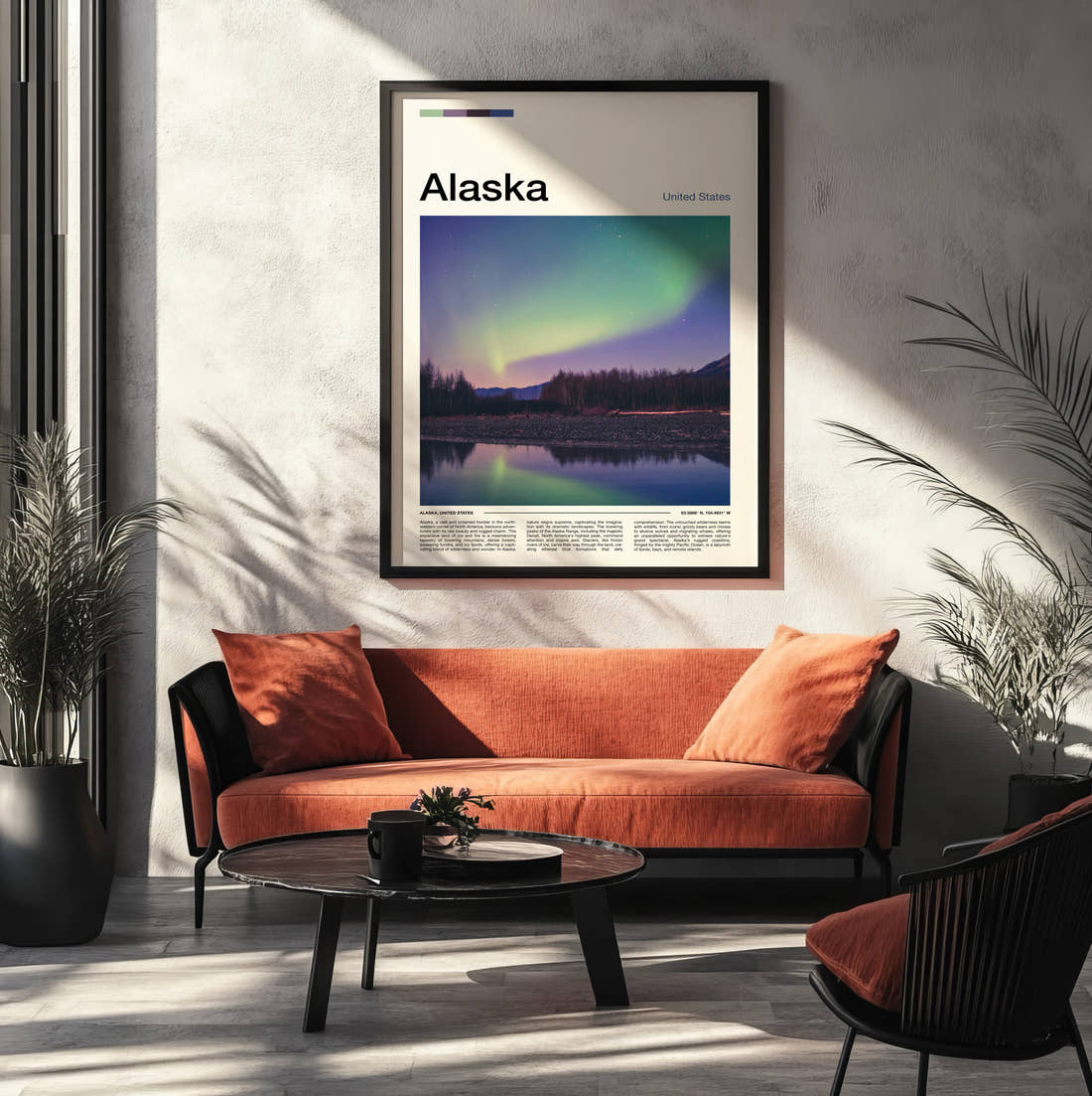 Alaska Northern Lights Travel Print framed on the wall of a modern living room