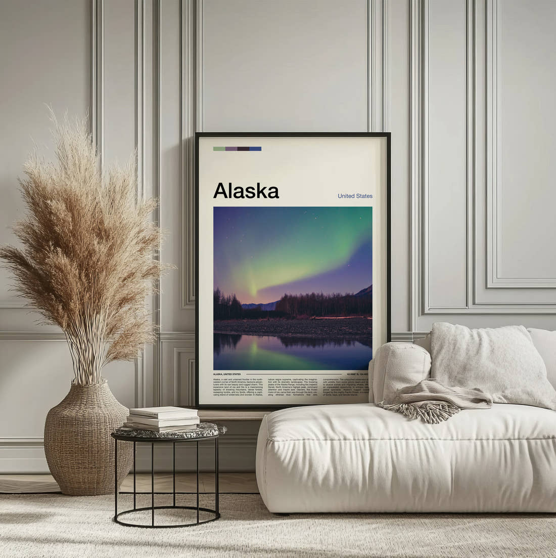 Alaska Northern Lights Travel Print framed on the wall of a calm, neutral bedroom