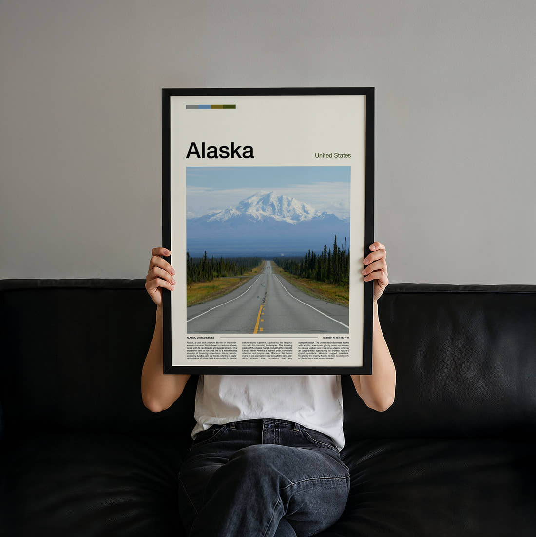 Alaska Road To Snowy Mountain Travel Print held up by hand to show the size of the print