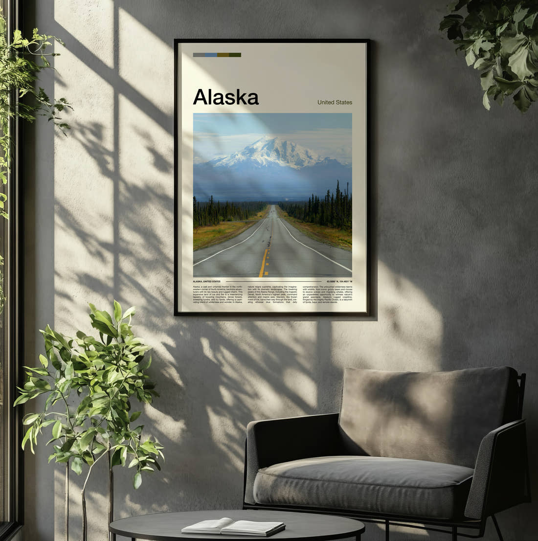 Alaska Road To Snowy Mountain Travel Print framed on the wall of a relaxed living room