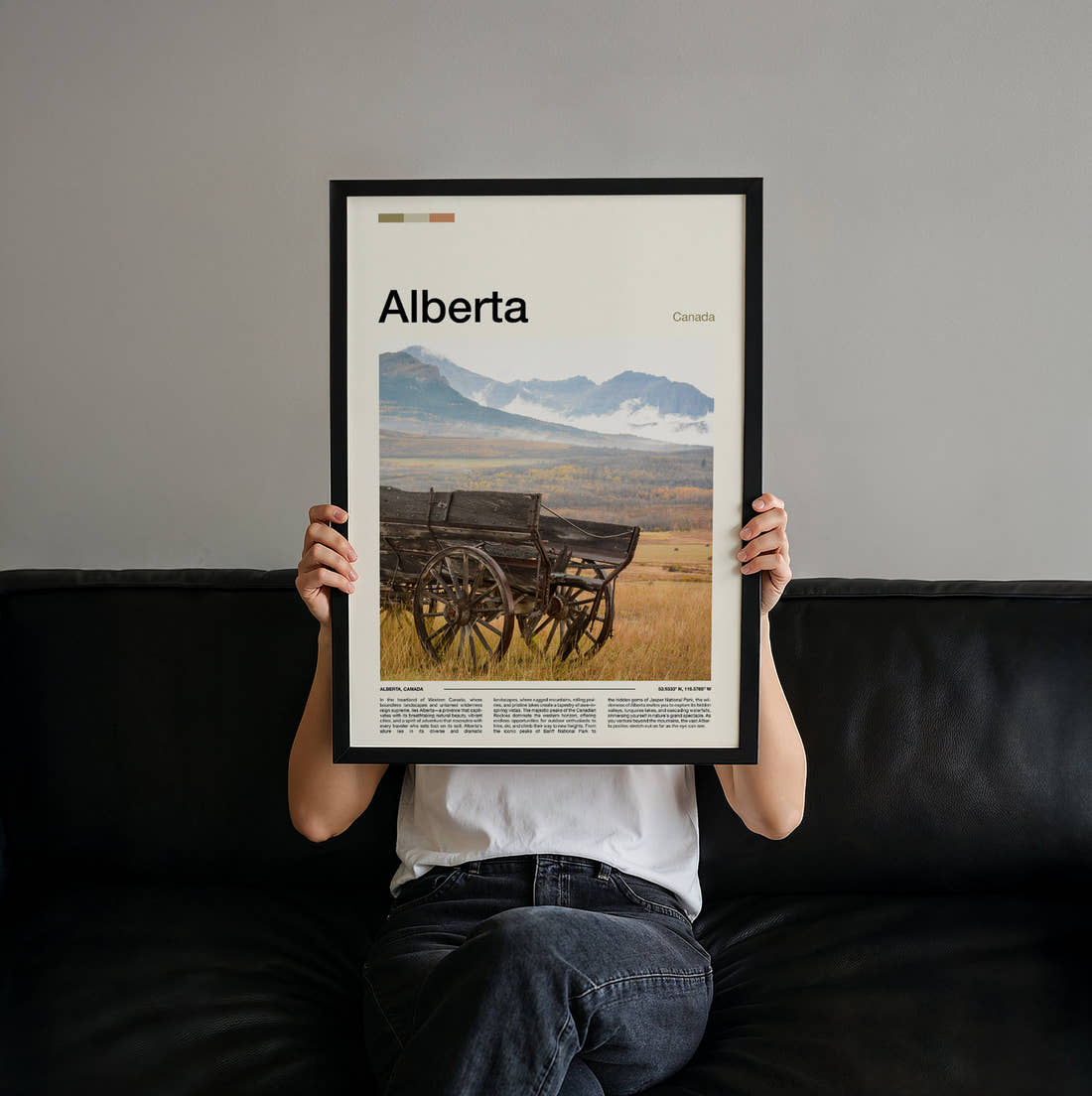 Alberta Old Wooden Wagon Travel Print held up by hand to show the size of the print
