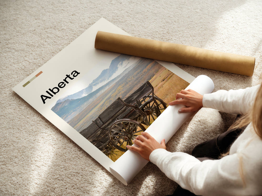 Alberta Old Wooden Wagon Travel Print being unrolled from its postal tube