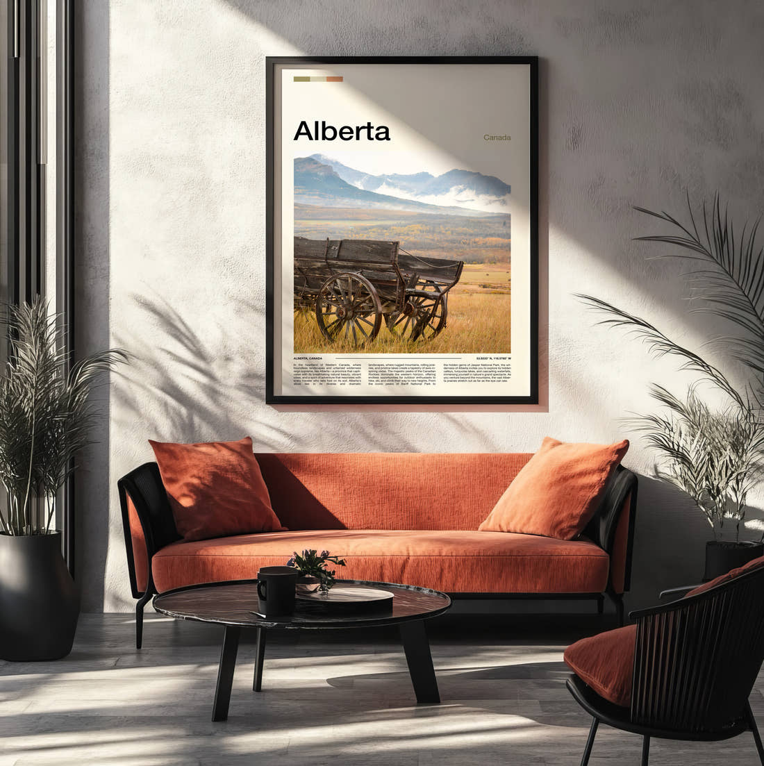 Alberta Old Wooden Wagon Travel Print framed on the wall of a modern living room