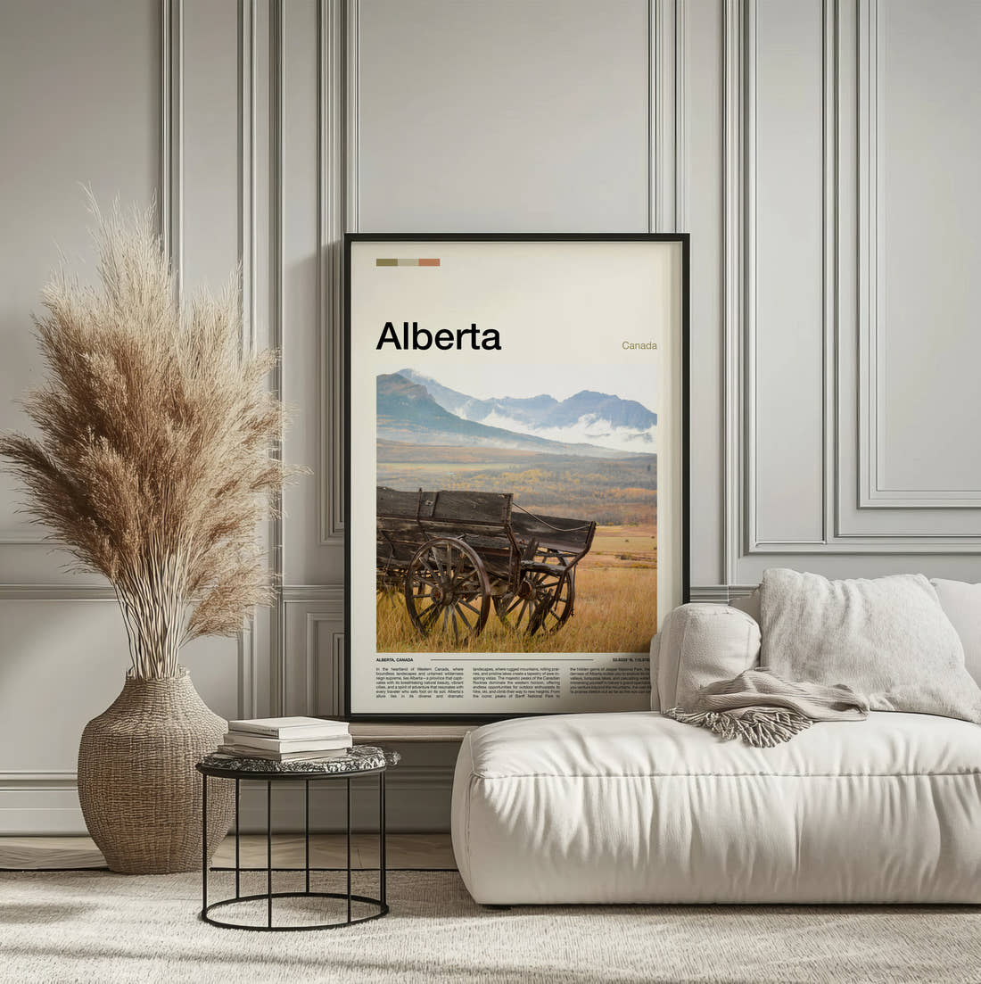 Alberta Old Wooden Wagon Travel Print framed on the wall of a calm, neutral bedroom