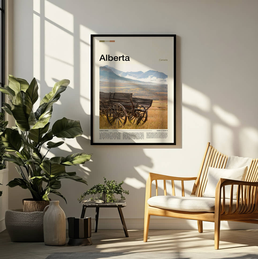 Alberta Old Wooden Wagon Travel Print framed on a pale wall beside houseplants