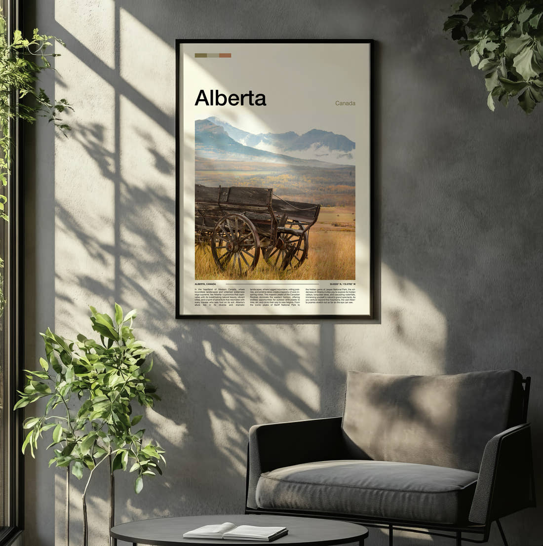 Alberta Old Wooden Wagon Travel Print framed on the wall of a relaxed living room