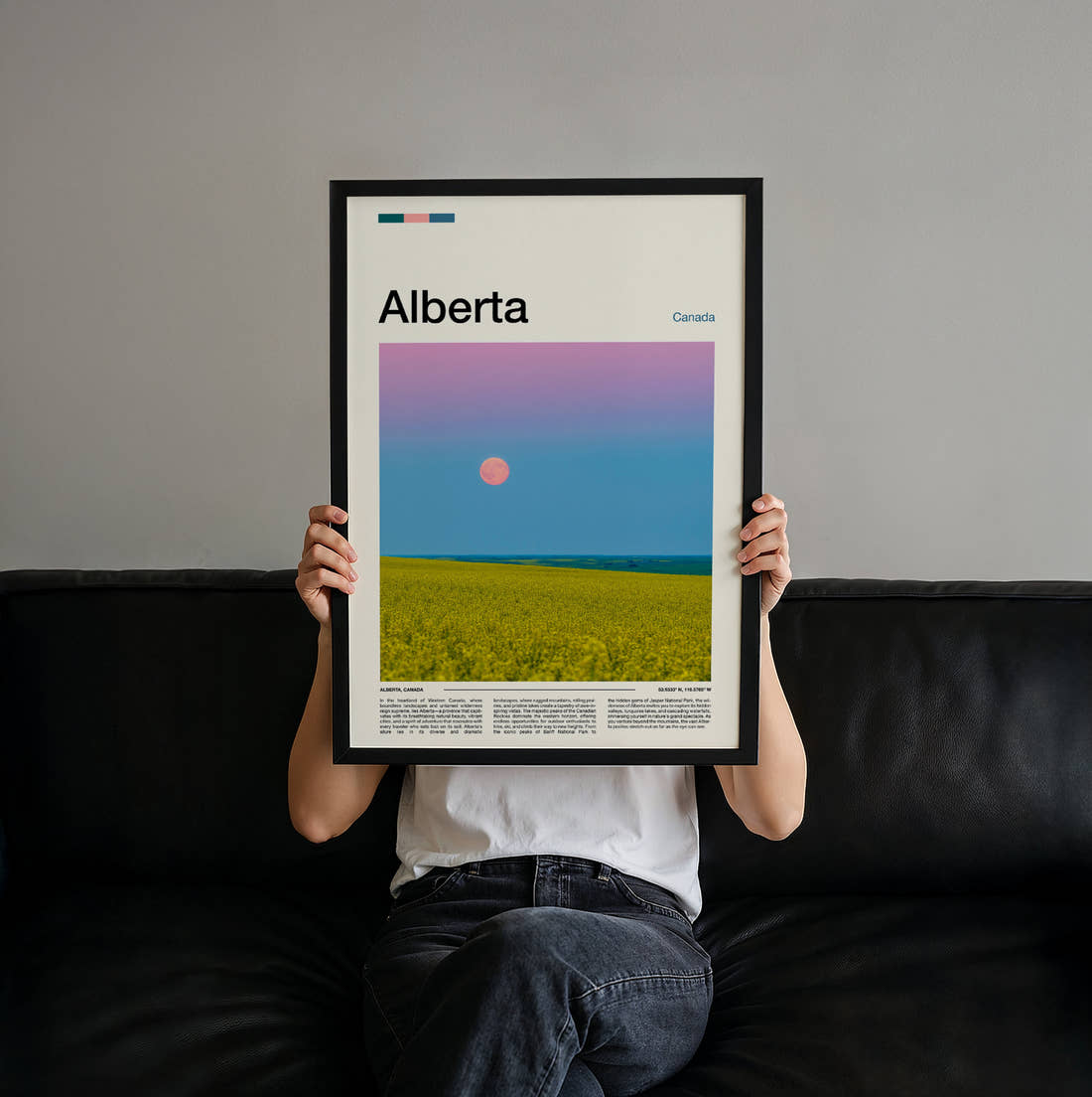 Alberta Supermoon Over Canola Field Travel Print held up by hand to show the size of the print
