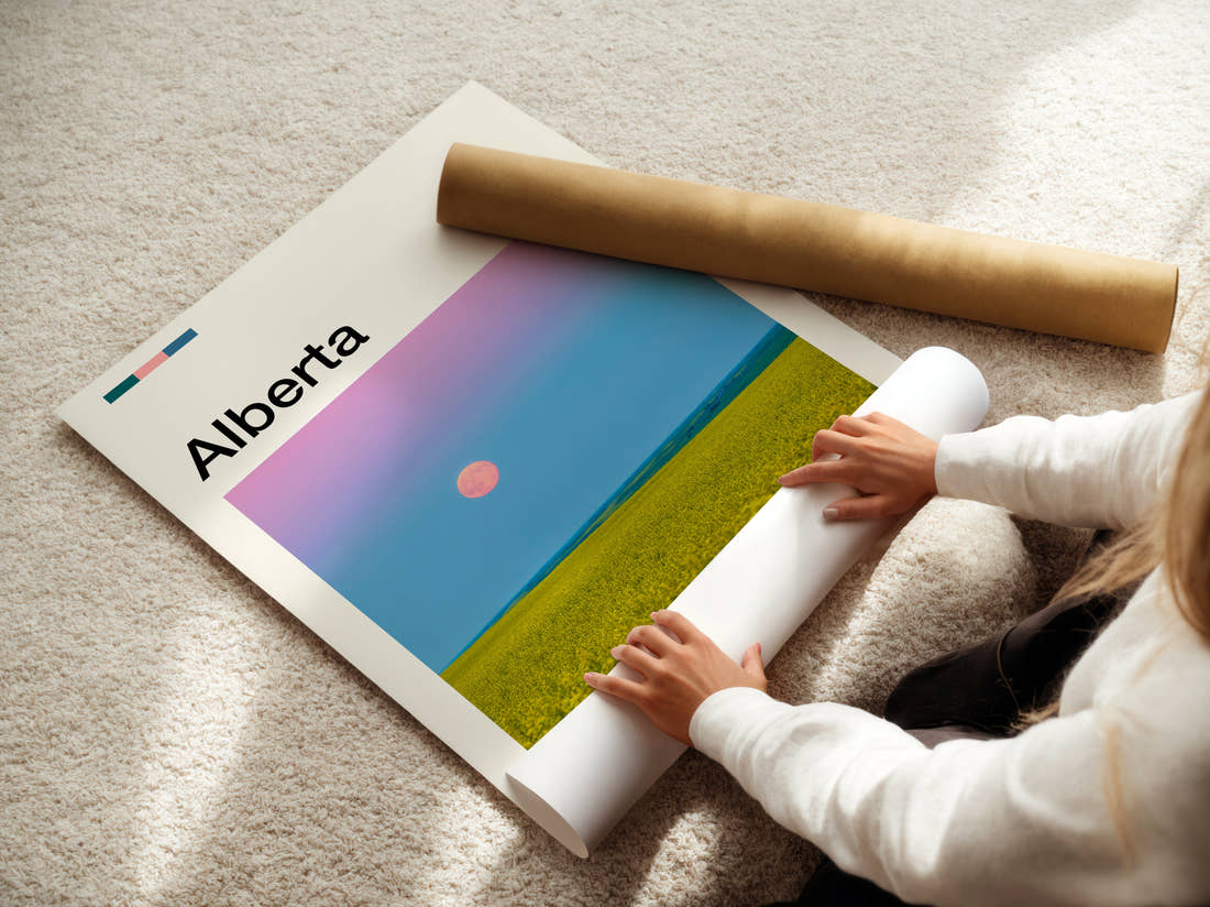 Alberta Supermoon Over Canola Field Travel Print being unrolled from its postal tube