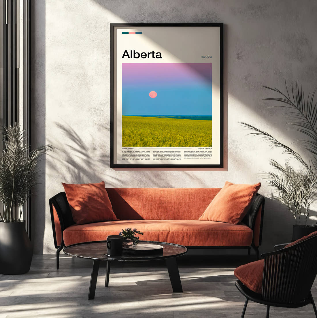 Alberta Supermoon Over Canola Field Travel Print framed on the wall of a modern living room