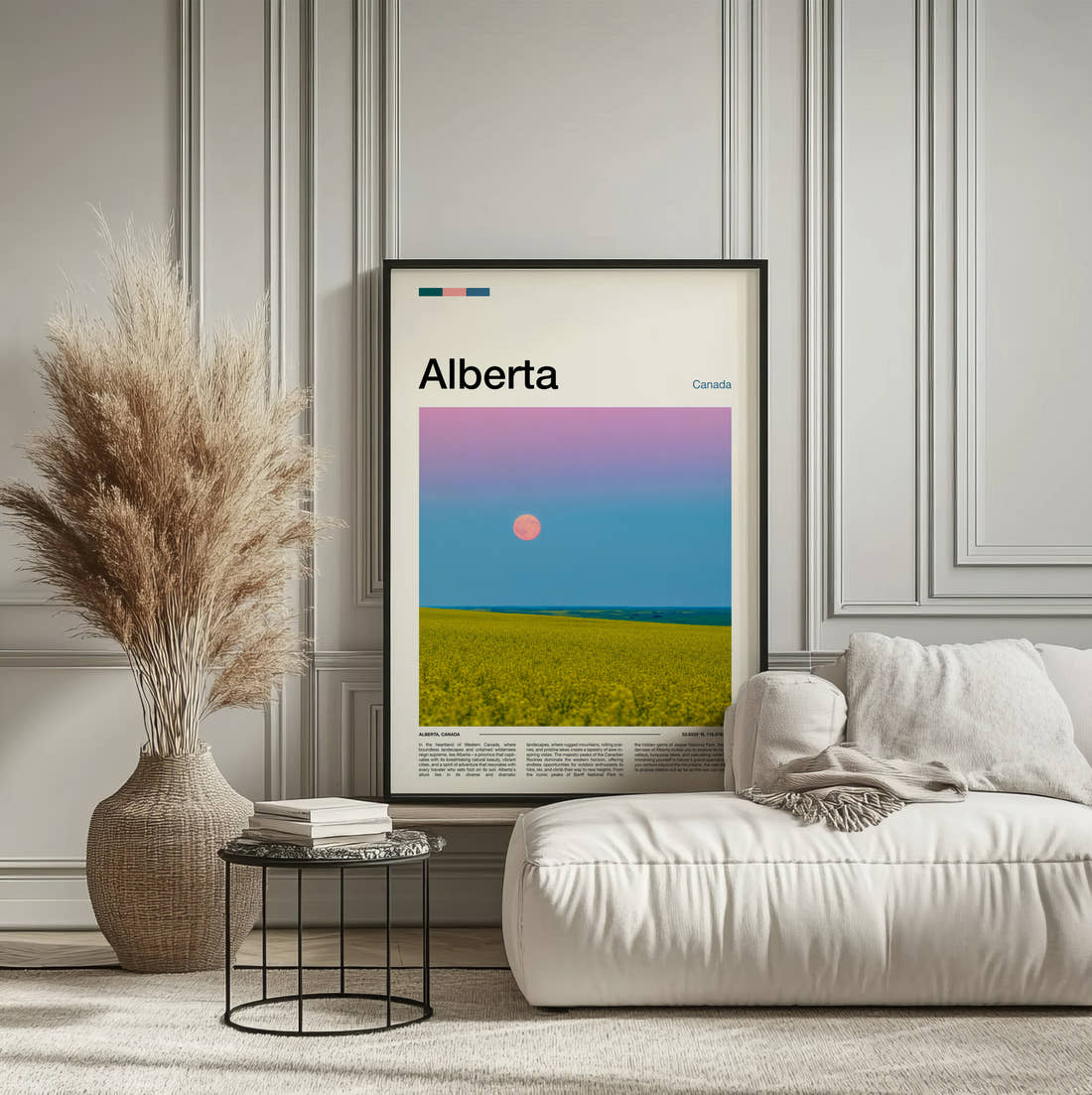 Alberta Supermoon Over Canola Field Travel Print framed on the wall of a calm, neutral bedroom