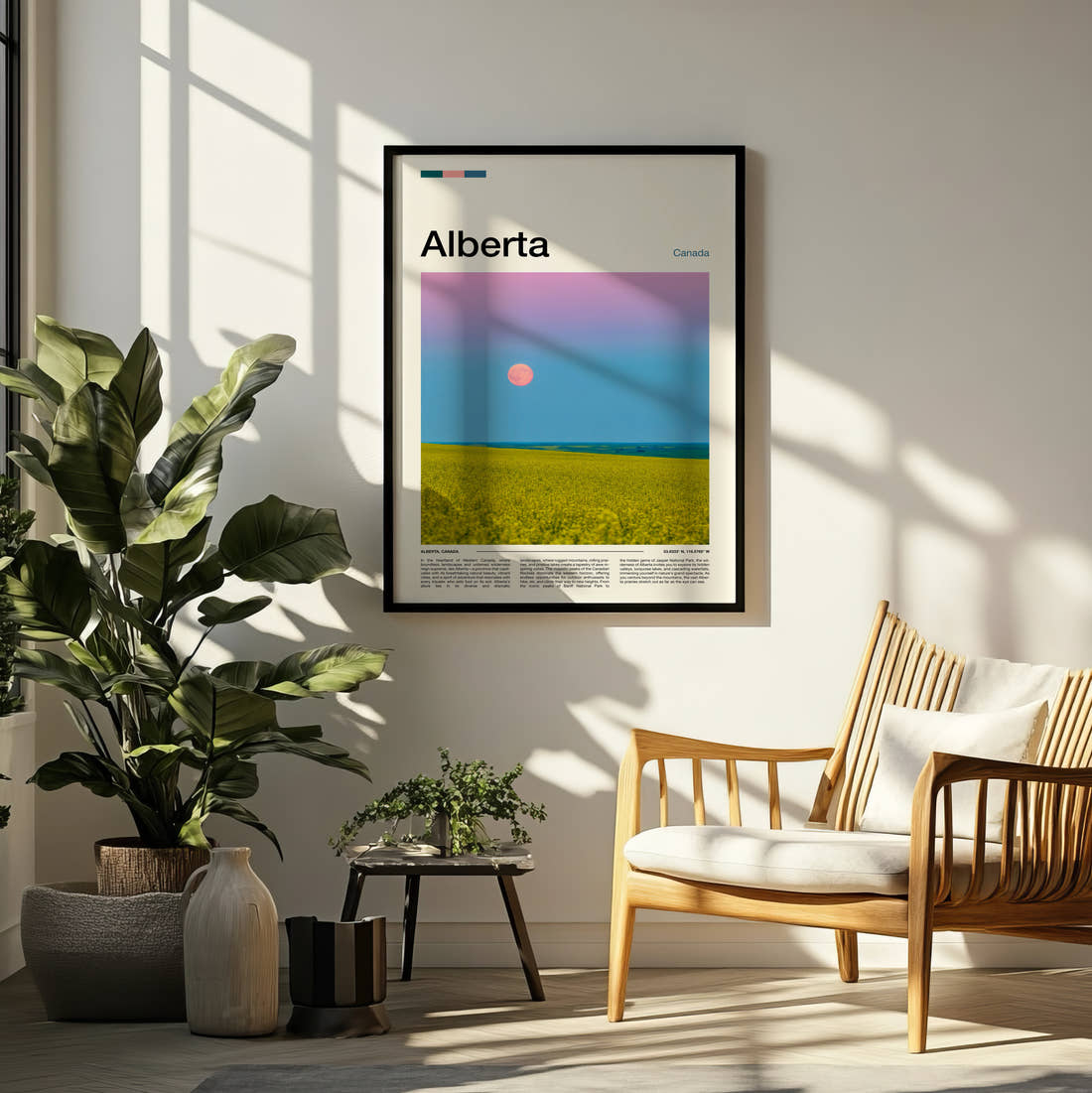 Alberta Supermoon Over Canola Field Travel Print framed on a pale wall beside houseplants