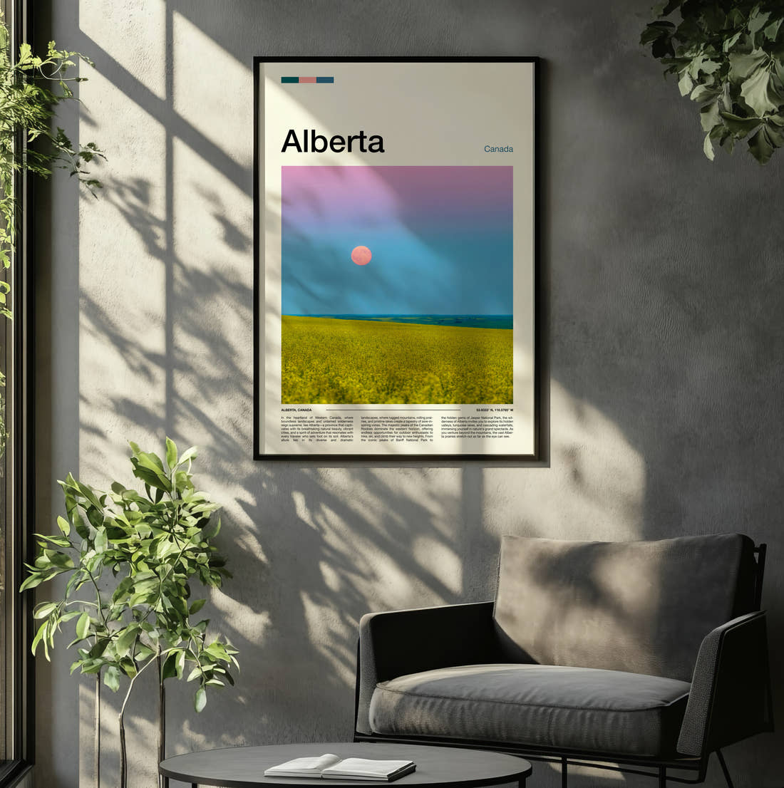 Alberta Supermoon Over Canola Field Travel Print framed on the wall of a relaxed living room