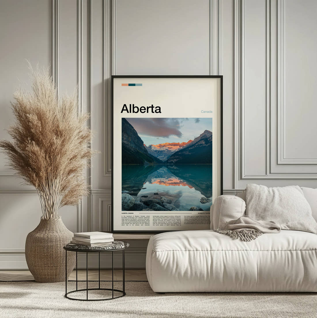 Alberta Lake Louise Travel Print framed on the wall of a calm, neutral bedroom