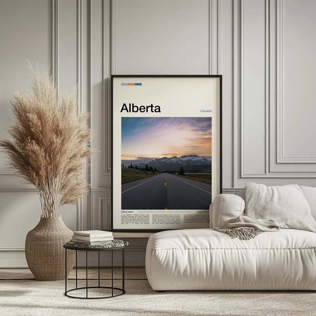 Alberta Open Road At Sunset Travel Print framed on the wall of a calm, neutral bedroom