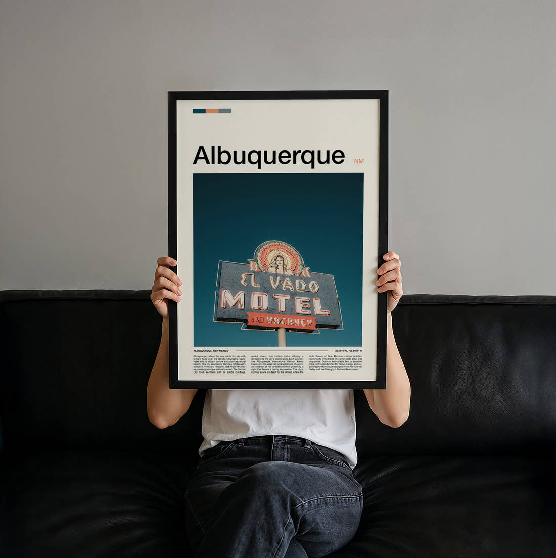 Albuquerque El Vado Motel Sign Travel Print held up by hand to show the size of the print