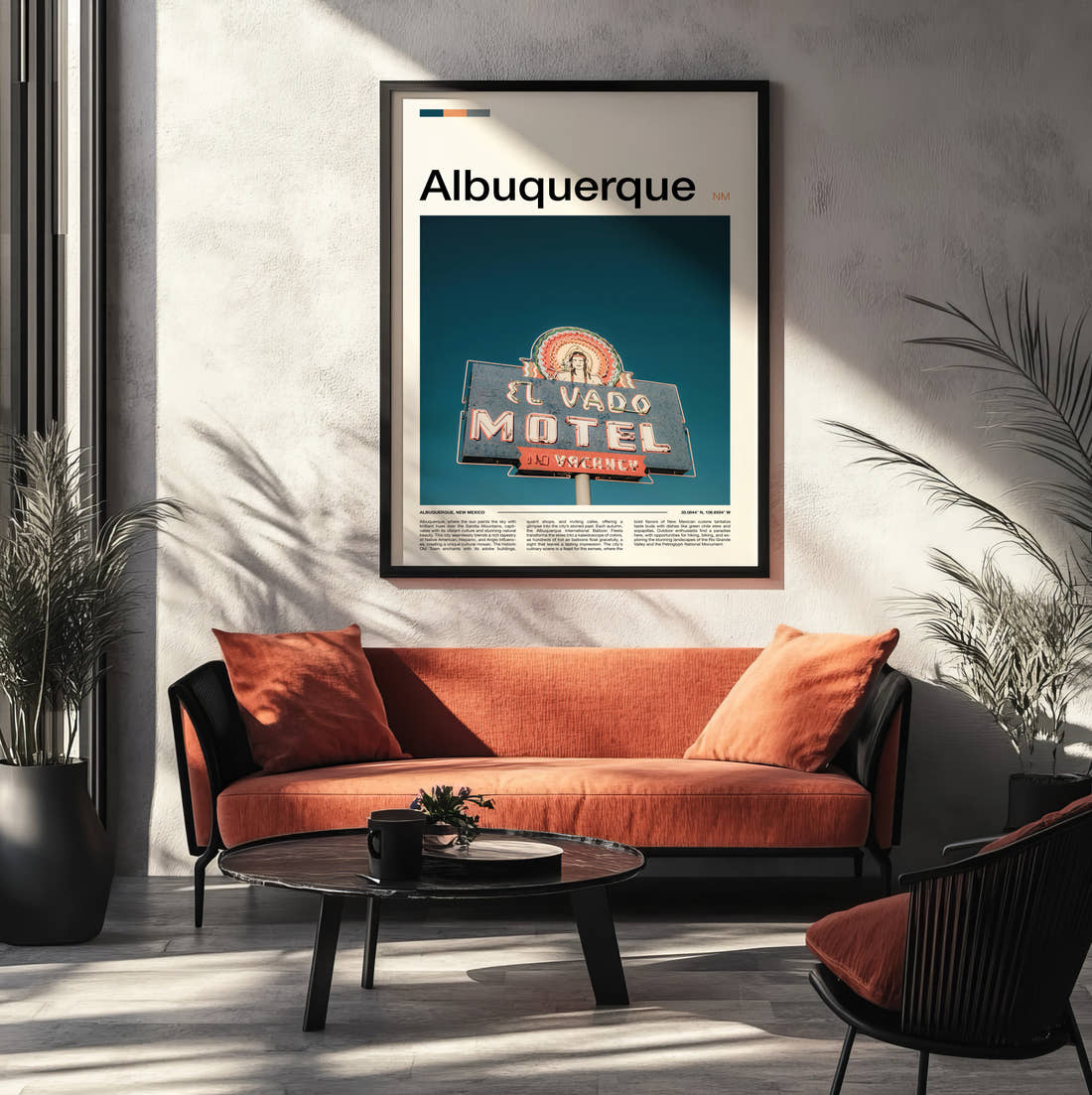 Albuquerque El Vado Motel Sign Travel Print framed on the wall of a modern living room
