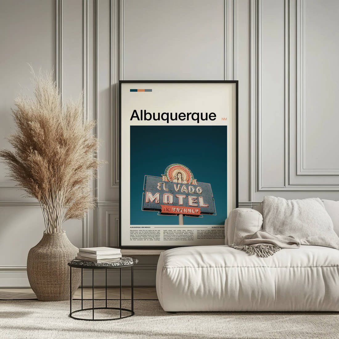 Albuquerque El Vado Motel Sign Travel Print framed on the wall of a calm, neutral bedroom