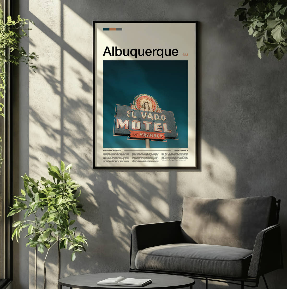 Albuquerque El Vado Motel Sign Travel Print framed on the wall of a relaxed living room