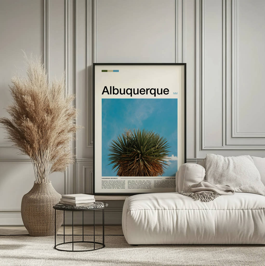 Albuquerque Yucca Plant Travel Print framed on the wall of a calm, neutral bedroom