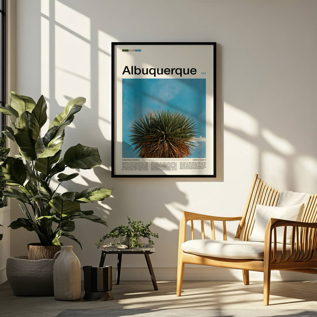 Albuquerque Yucca Plant Travel Print framed on a pale wall beside houseplants