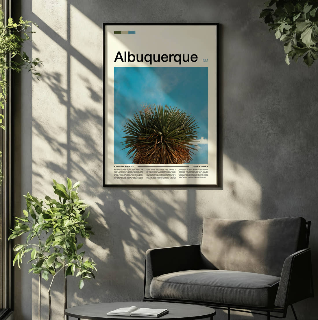 Albuquerque Yucca Plant Travel Print framed on the wall of a relaxed living room