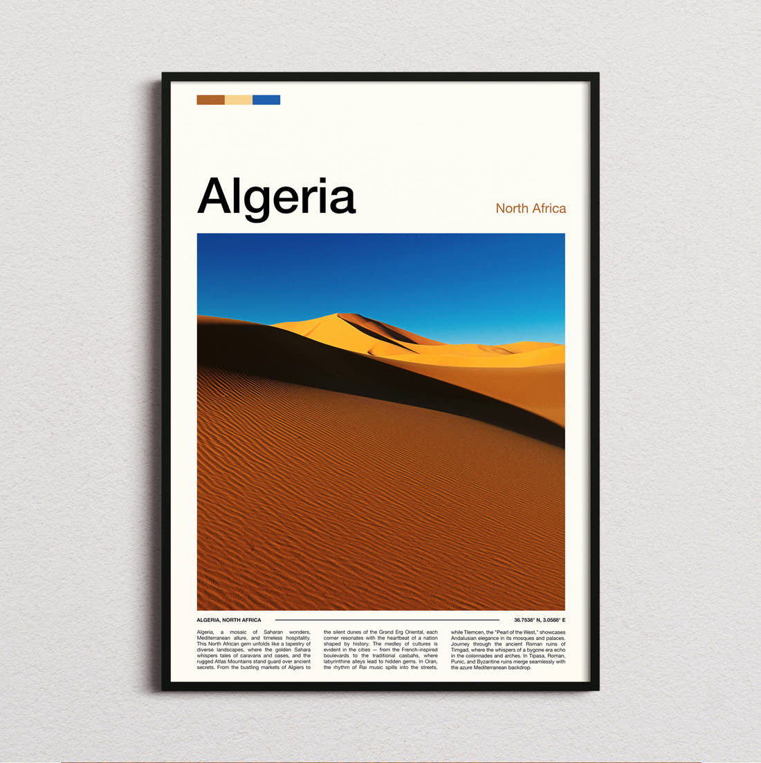 Algeria Sand Dunes Travel Print framed and photographed straight on