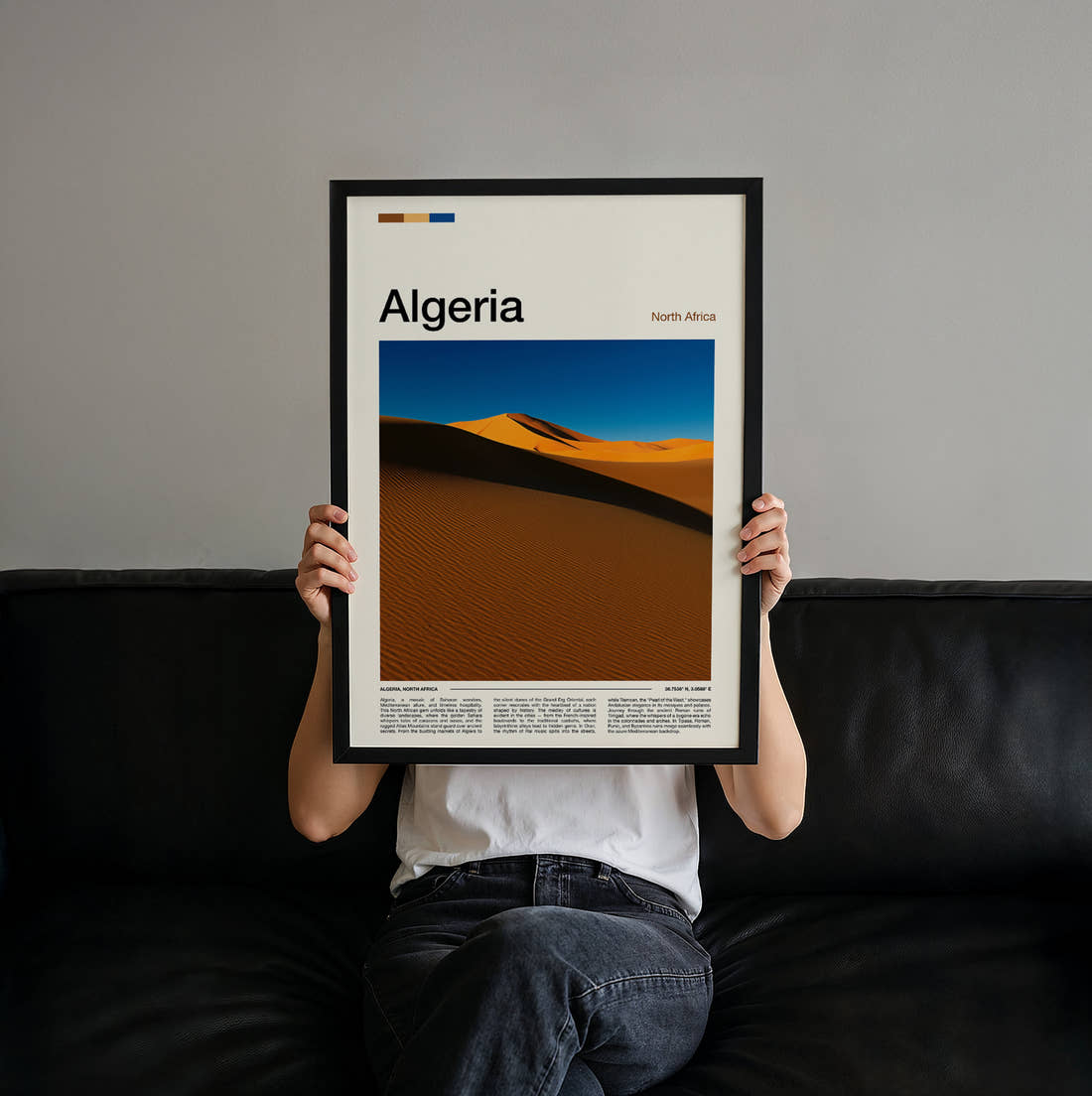 Algeria Sand Dunes Travel Print held up by hand to show the size of the print