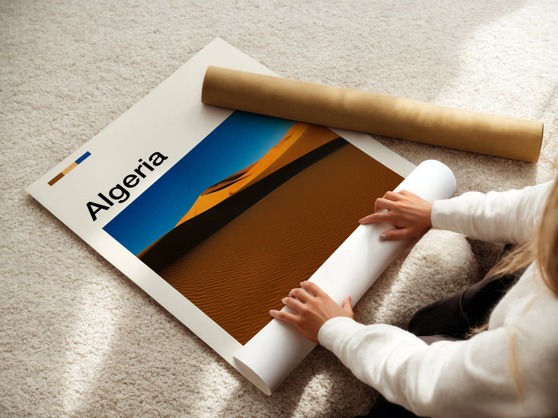 Algeria Sand Dunes Travel Print being unrolled from its postal tube