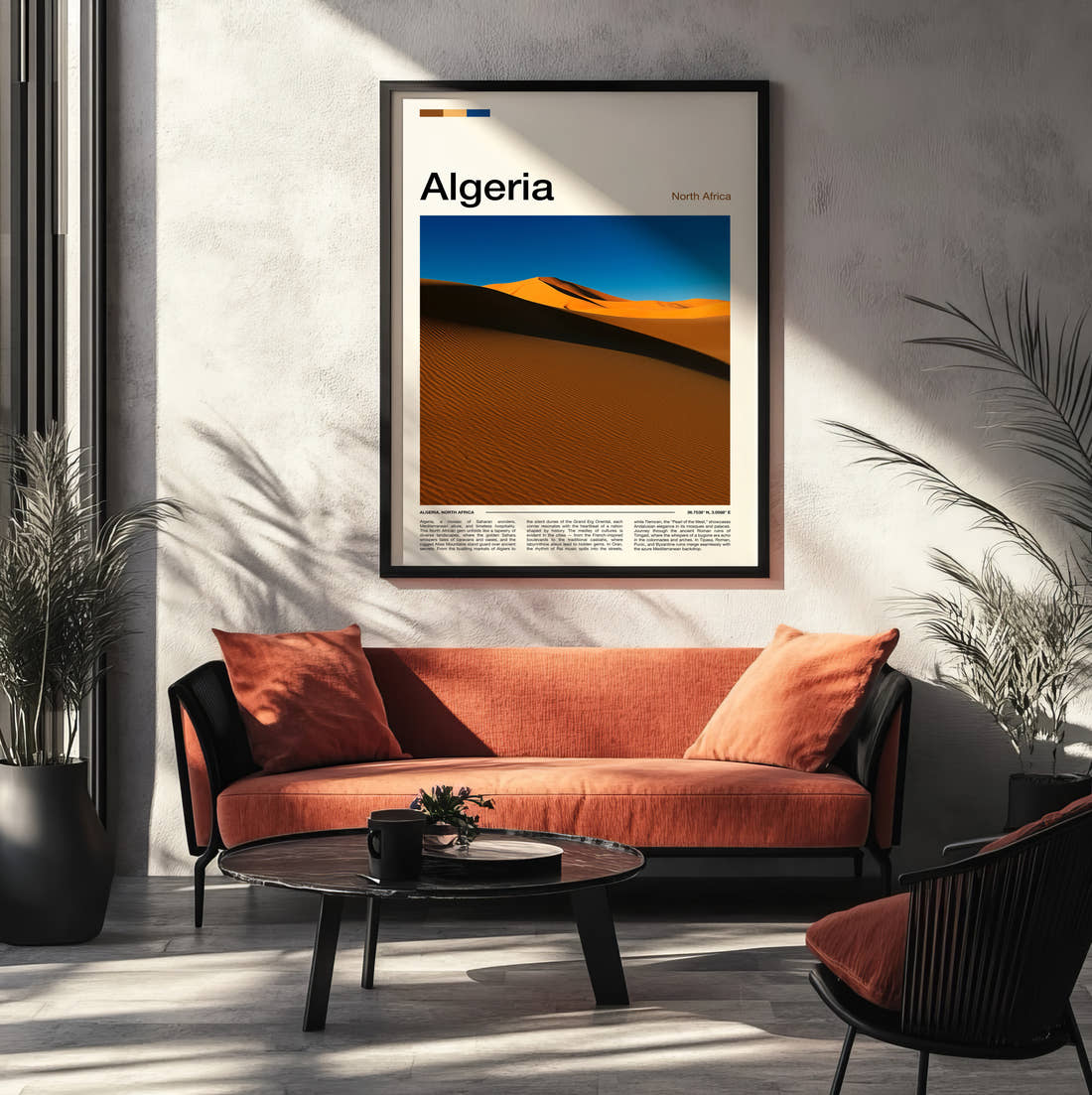 Algeria Sand Dunes Travel Print framed on the wall of a modern living room