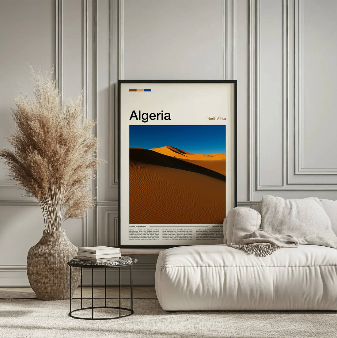 Algeria Sand Dunes Travel Print framed on the wall of a calm, neutral bedroom
