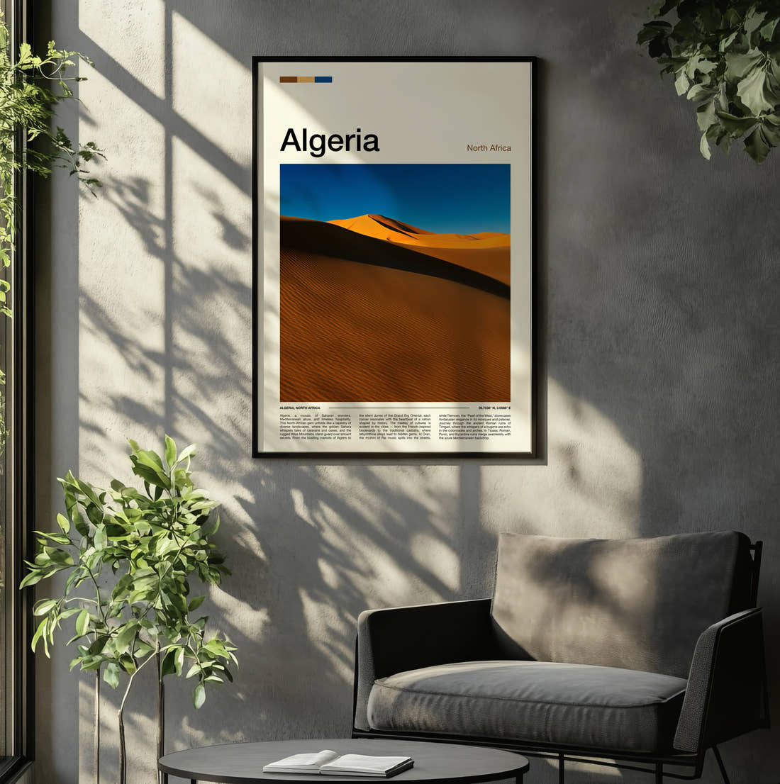 Algeria Sand Dunes Travel Print framed on the wall of a relaxed living room