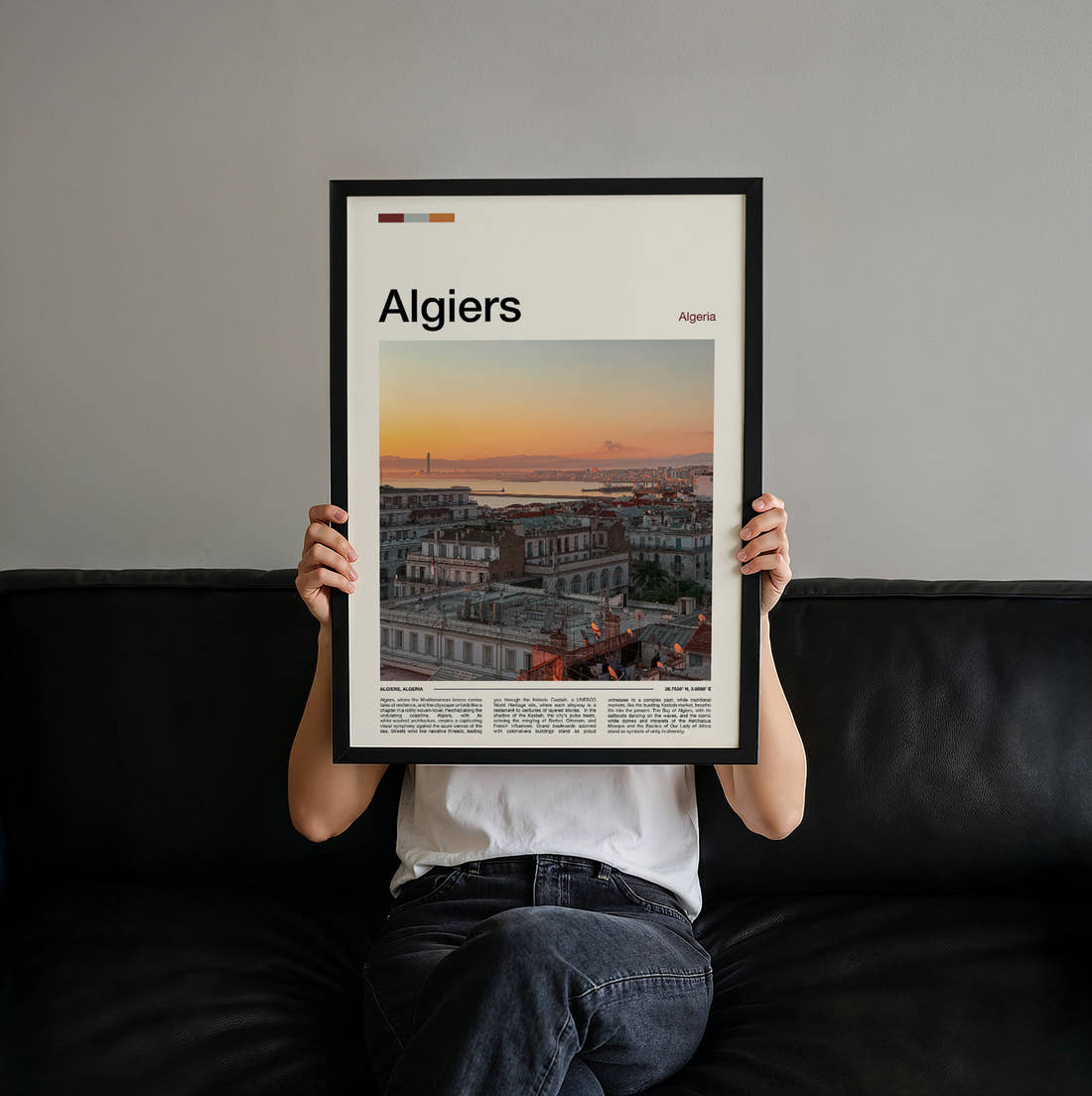 Algiers Rooftops And Harbour Travel Print held up by hand to show the size of the print