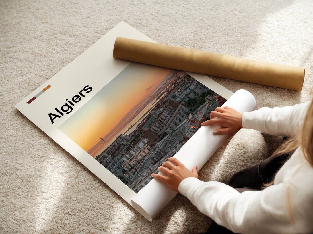 Algiers Rooftops And Harbour Travel Print being unrolled from its postal tube