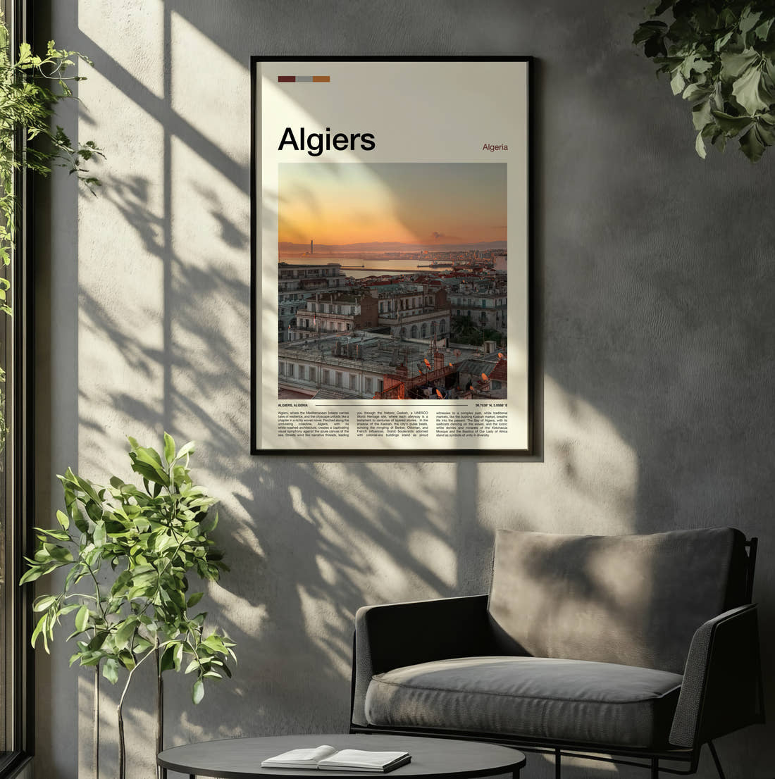 Algiers Rooftops And Harbour Travel Print framed on the wall of a relaxed living room