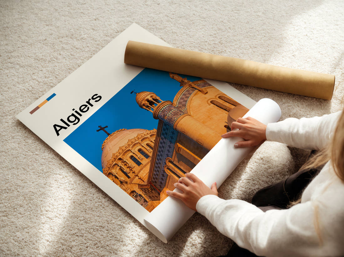 Algiers Notre Dame d'Afrique Travel Print being unrolled from its postal tube