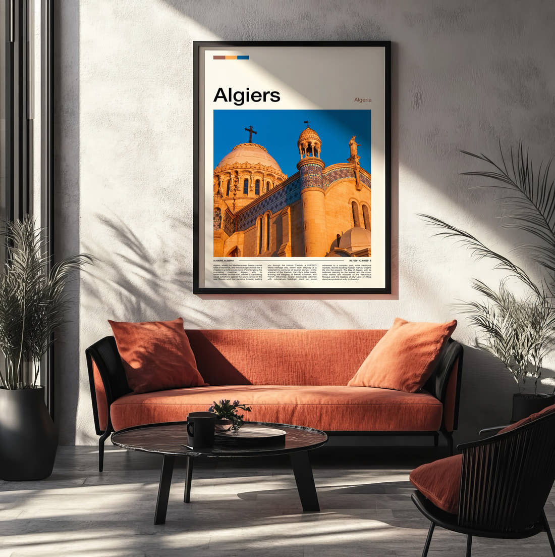 Algiers Notre Dame d'Afrique Travel Print framed on the wall of a modern living room