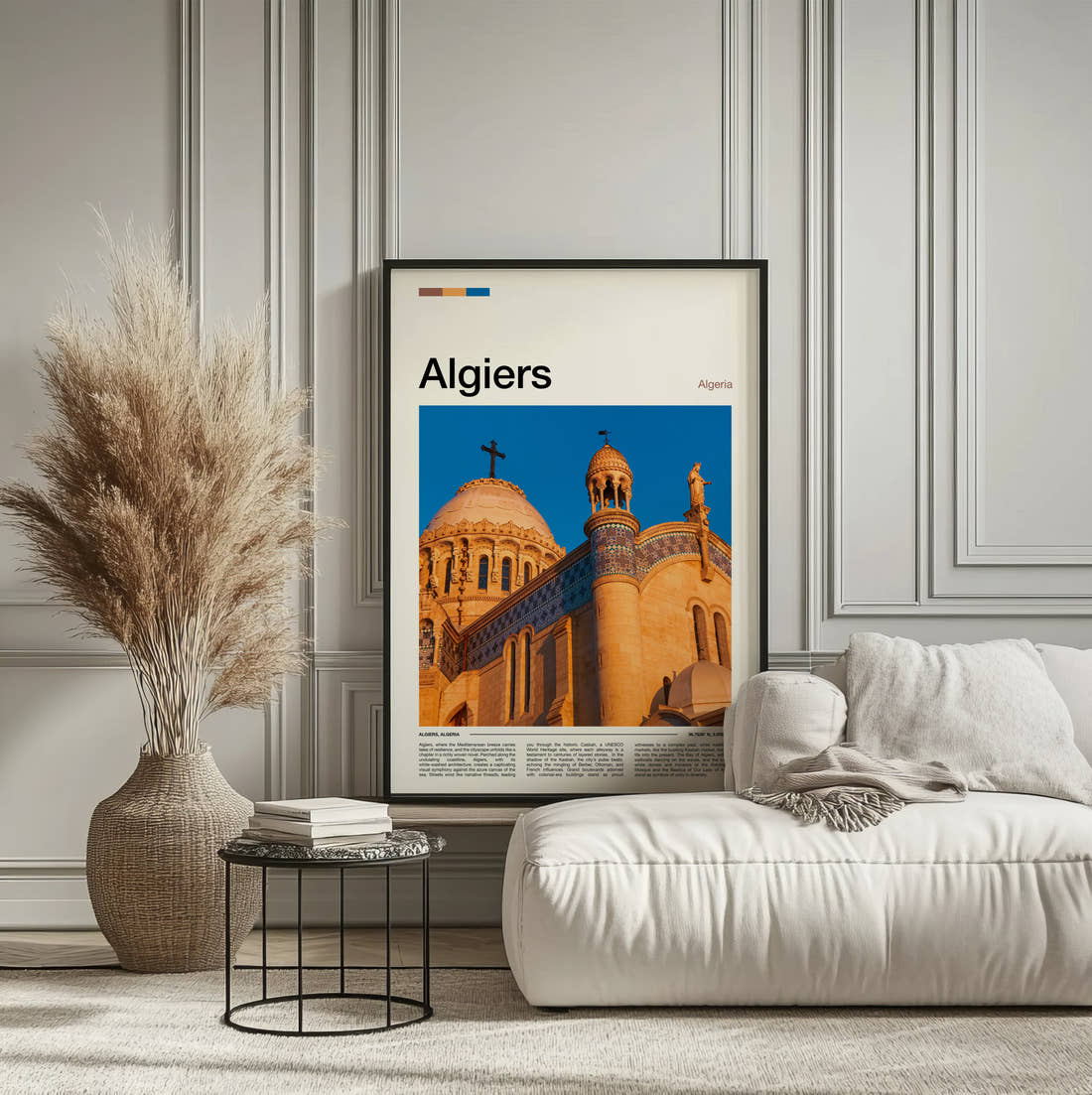 Algiers Notre Dame d'Afrique Travel Print framed on the wall of a calm, neutral bedroom