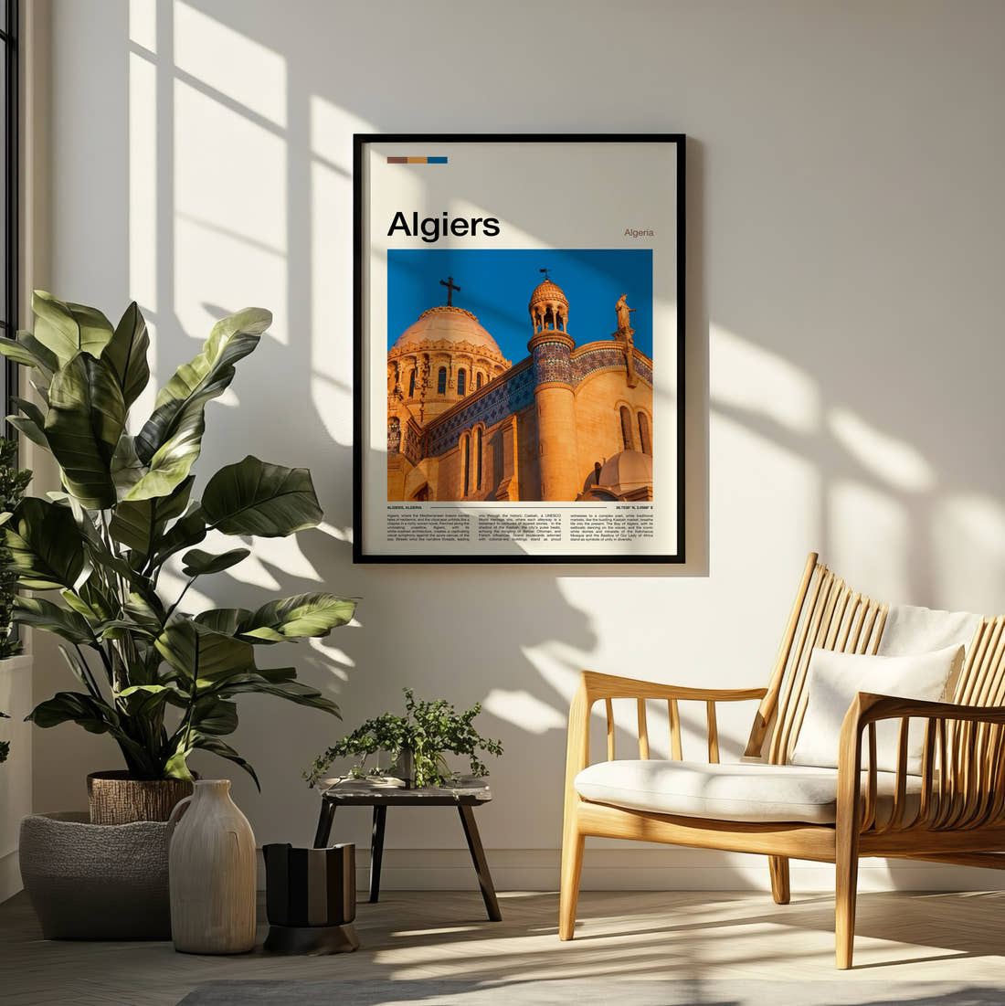 Algiers Notre Dame d'Afrique Travel Print framed on a pale wall beside houseplants