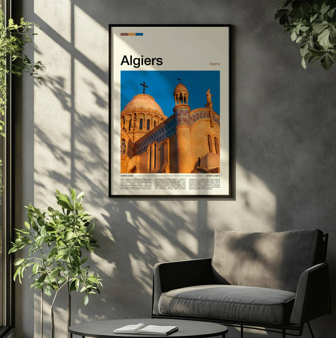 Algiers Notre Dame d'Afrique Travel Print framed on the wall of a relaxed living room