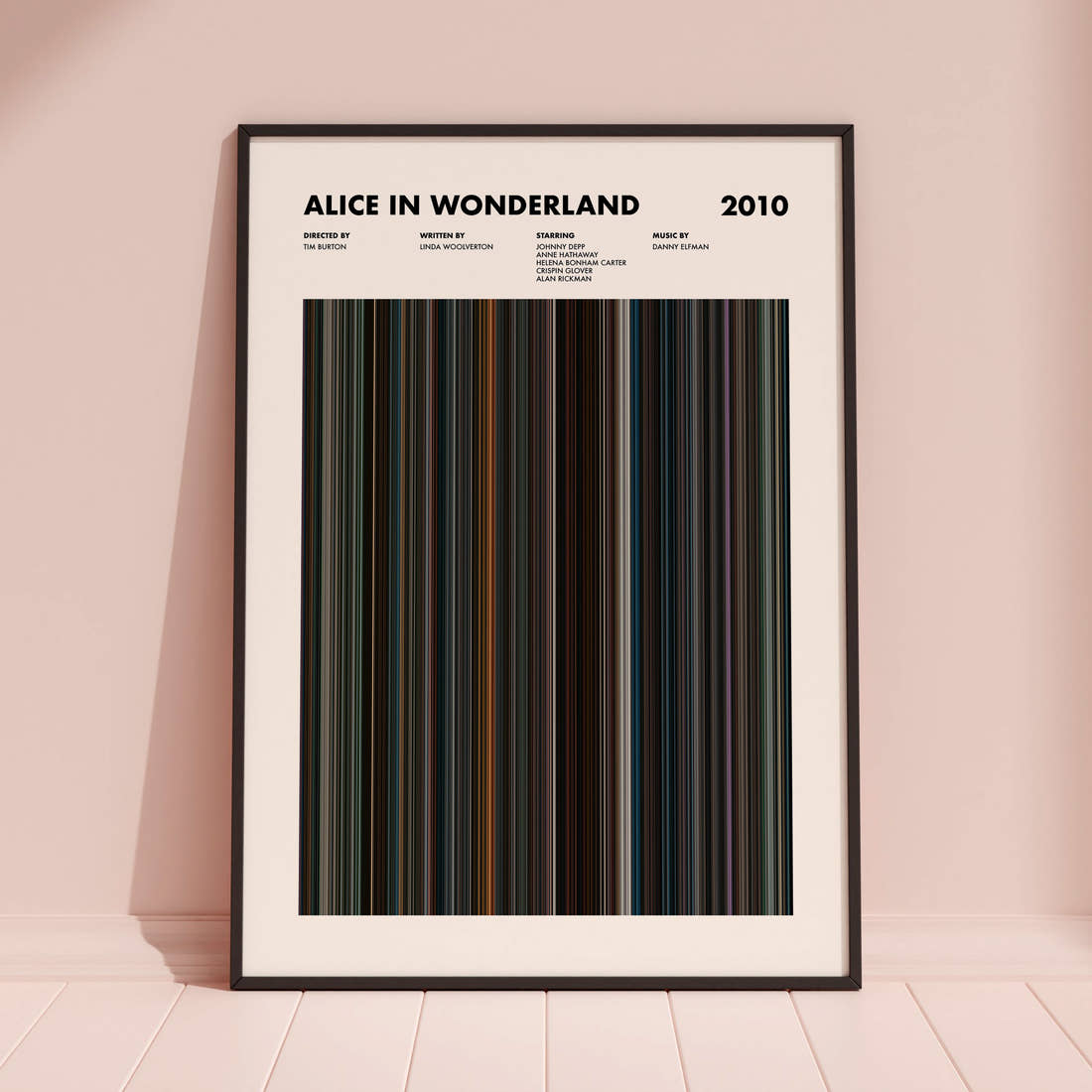 Alice in Wonderland Movie Barcode Poster framed and leaning against a coloured wall