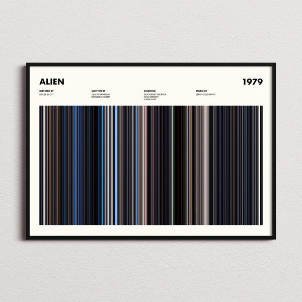 Alien Movie Barcode Poster framed and photographed straight on