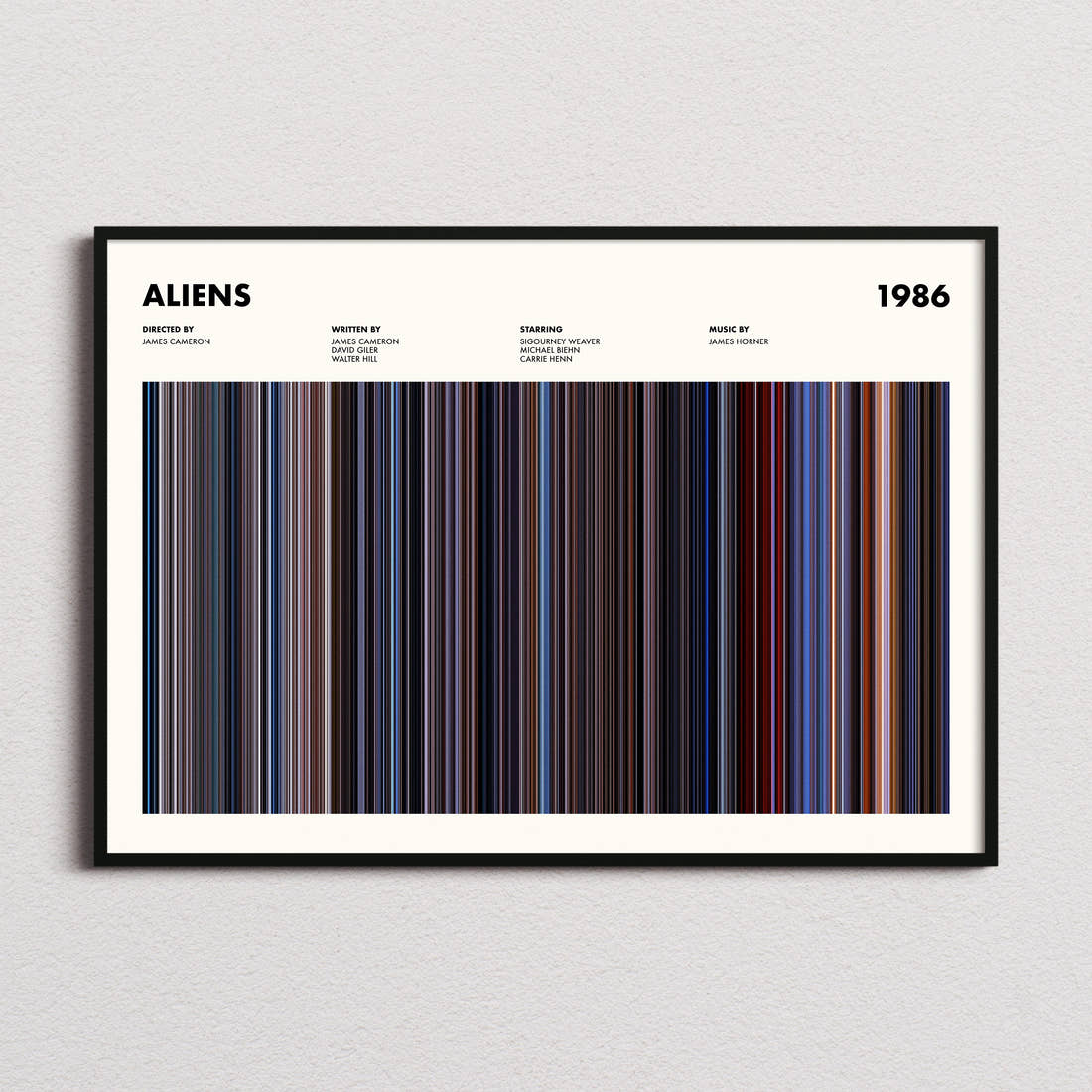 Aliens Movie Barcode Poster framed and photographed straight on