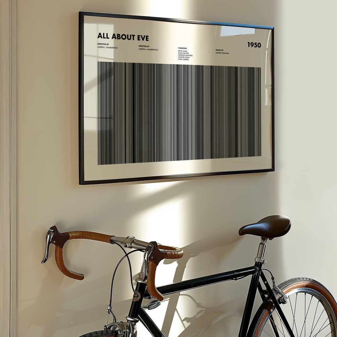 All About Eve Movie Barcode Poster framed on the wall of a styled room setting