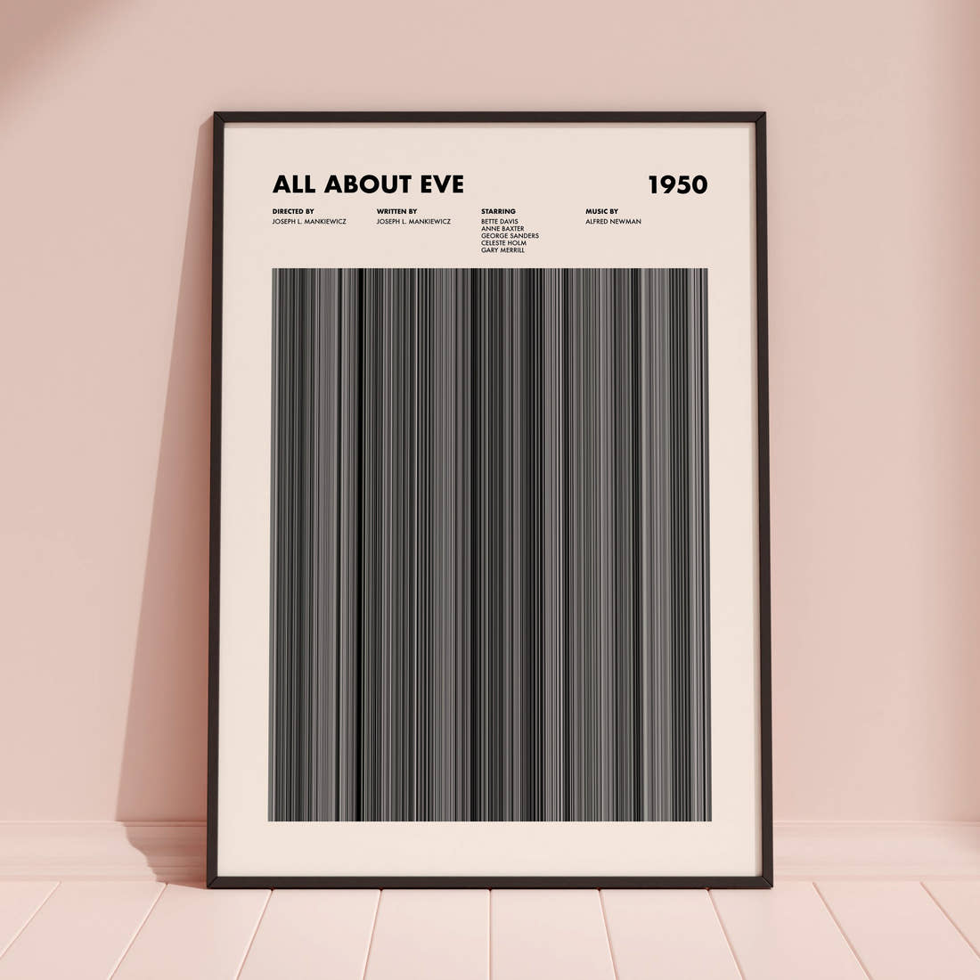 All About Eve Movie Barcode Poster framed and leaning against a coloured wall