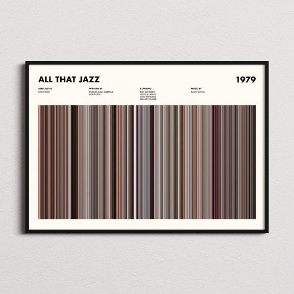 All That Jazz Movie Barcode Poster framed and photographed straight on