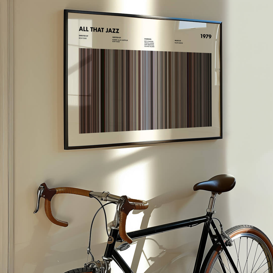 All That Jazz Movie Barcode Poster framed on the wall of a styled room setting