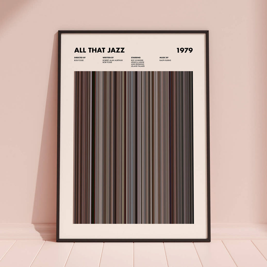 All That Jazz Movie Barcode Poster framed and leaning against a coloured wall
