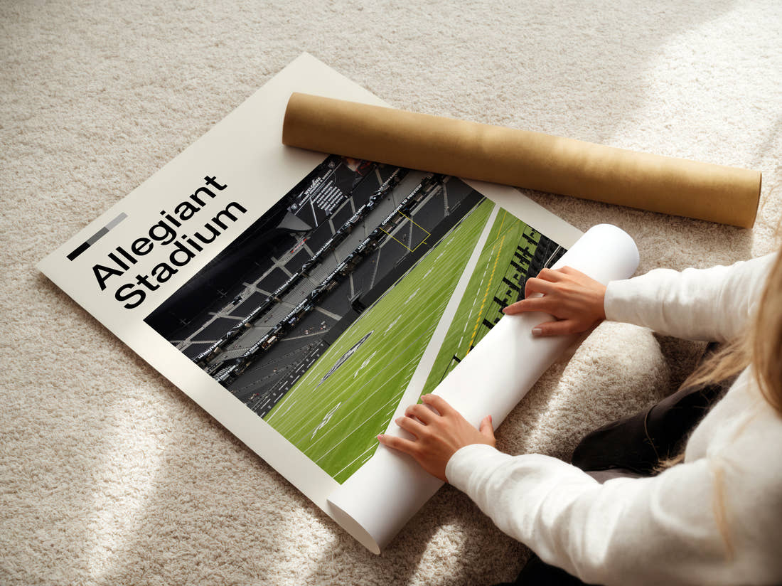 Allegiant Stadium Print being unrolled from its postal tube