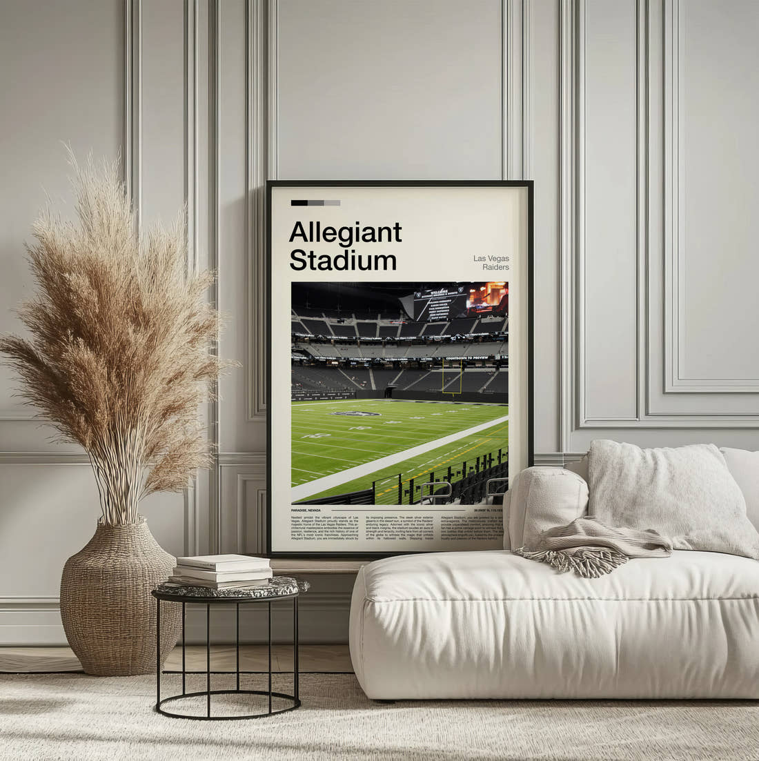 Allegiant Stadium Print framed on the wall of a calm, neutral bedroom